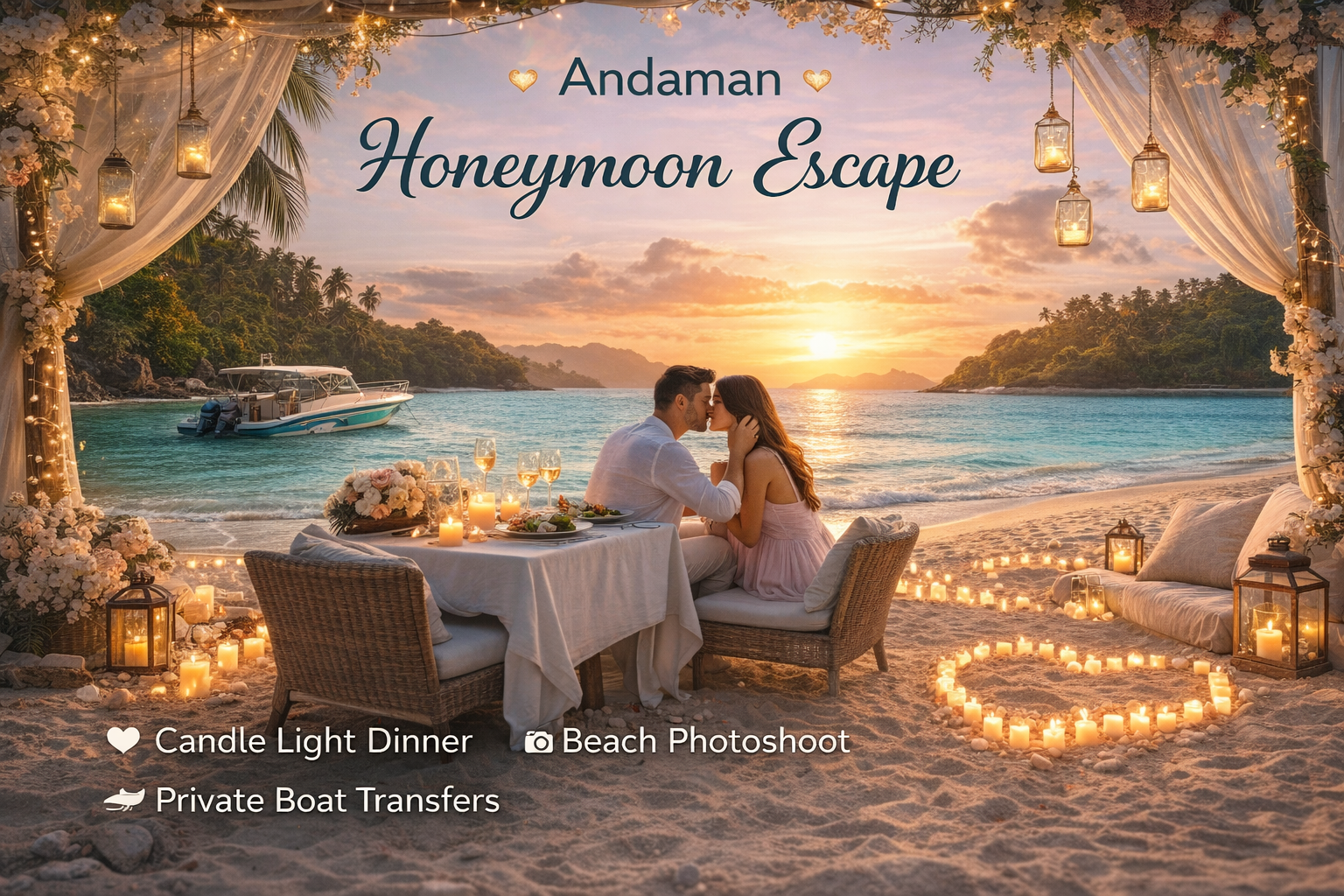 Romantic beachfront dinner at sunset